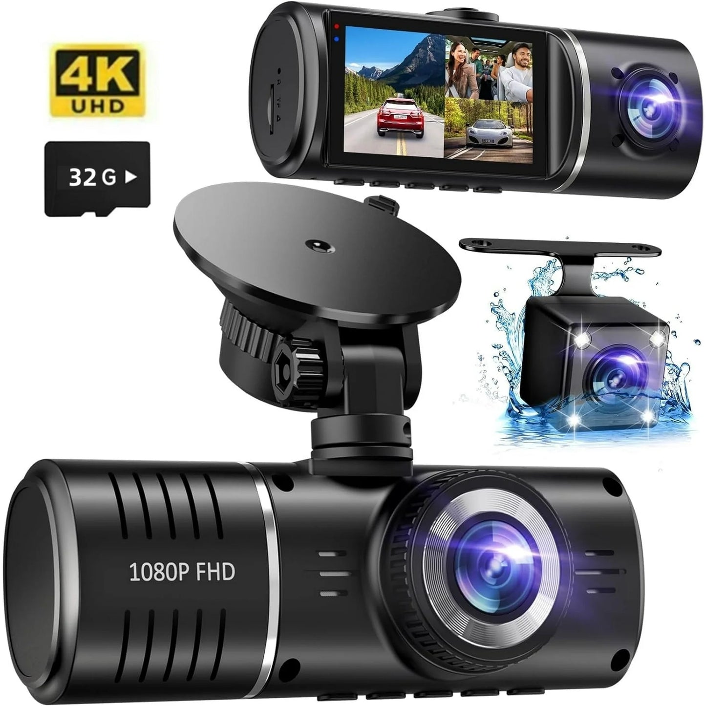 Dash Cam, 3 Channel Dash Cam, 4K+1080P Dash Cam Front and Inside, Triple Dash Cam,Car Night vision Dash Camera with 32GB Card, HDR, G-Sensor, 24Hr Parking, Front Rear Dash Cam Loop Recording