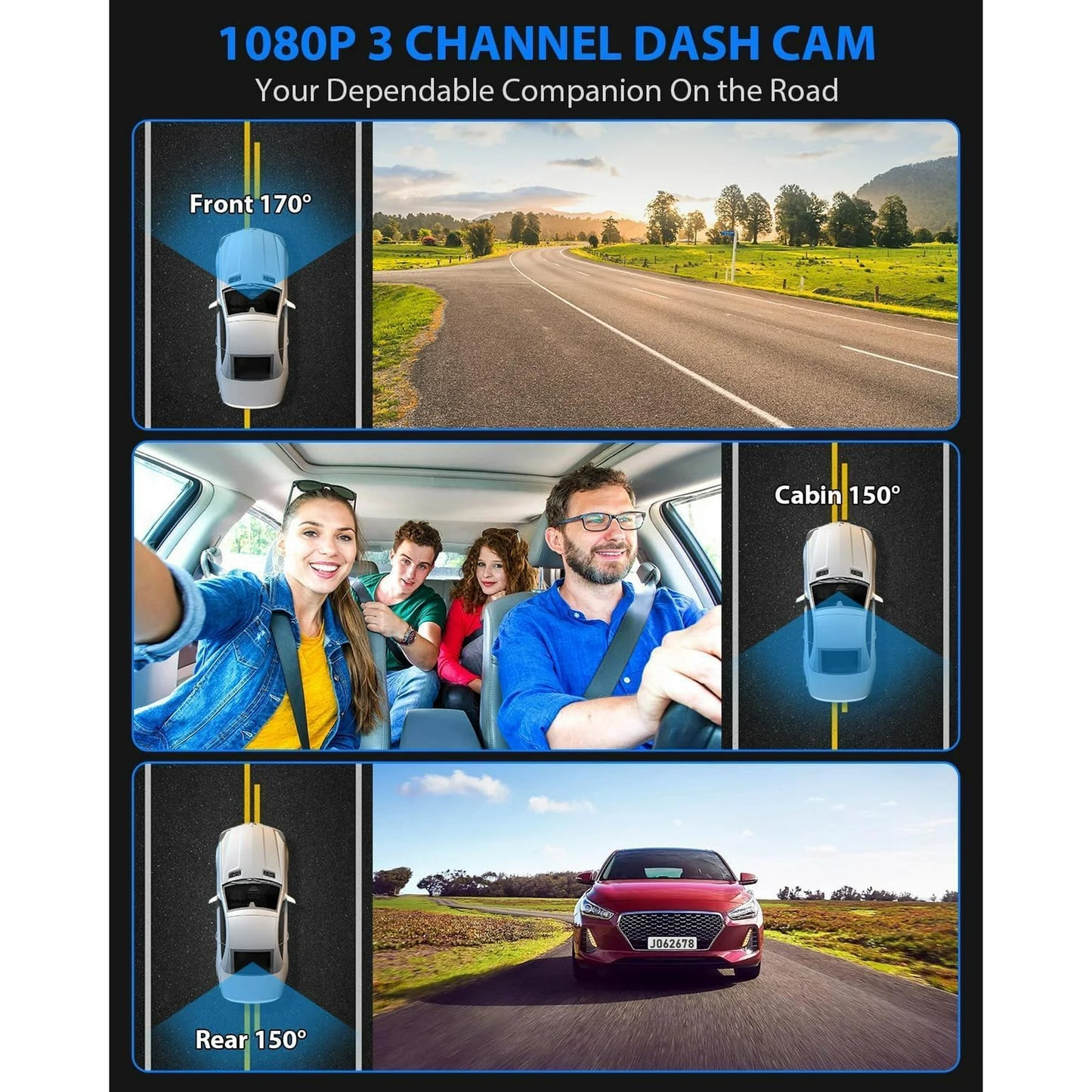 Dash Cam, 3 Channel Dash Cam, 4K+1080P Dash Cam Front and Inside, Triple Dash Cam,Car Night vision Dash Camera with 32GB Card, HDR, G-Sensor, 24Hr Parking, Front Rear Dash Cam Loop Recording