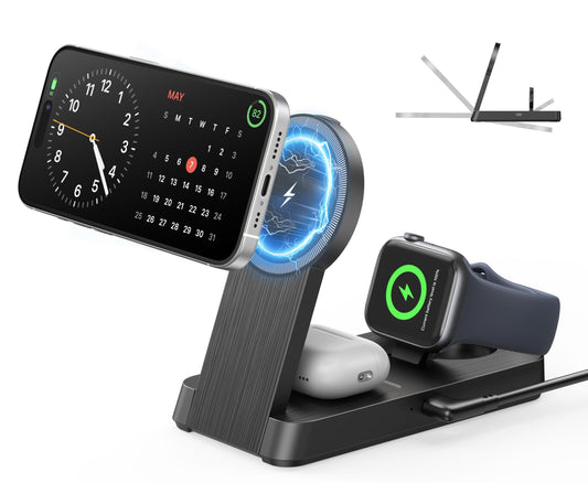 3 in 1 Magnetic Wireless for iPhone Charging Station: Foldable Portable Charger for iPhone 17-12 Pro Max & Apple Watch & AirPods, for Apple Multiple Devices Charger for Home,Office&Travel