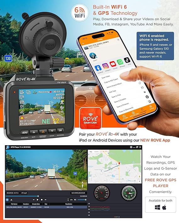 ROVE R2-4K Dash Cam Bundled with 64GB SD Card. Built-in WiFi GPS Car Dashboard Camera Recorder with UHD 2160P, 2.4" IPS Screen, 150° Wide Angle, WDR, Night Vision