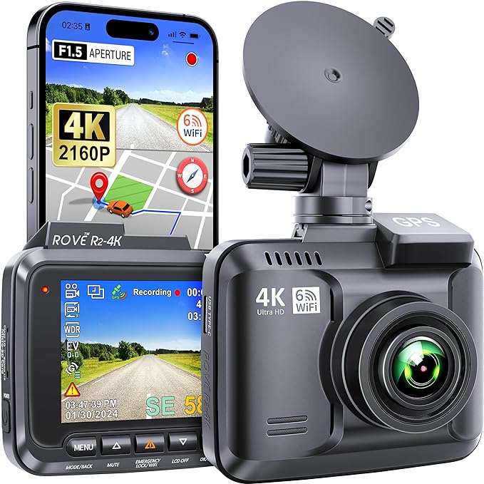 ROVE R2-4K Dash Cam Bundled with 64GB SD Card. Built-in WiFi GPS Car Dashboard Camera Recorder with UHD 2160P, 2.4" IPS Screen, 150° Wide Angle, WDR, Night Vision